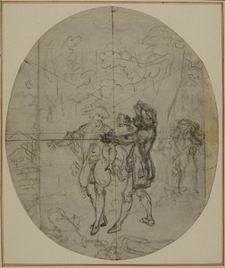 Tutkimus Collein teoksen "La Partie de Chasse de Henri IV" toista, koskaan julkaisematonta painosta varten, II näytös, kohtaus 11. tekijältä Hubert Francois Gravelot