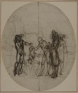Tutkimus Collein teoksen "La Partie de Chasse de Henri IV" toista, koskaan julkaisematonta painosta varten, III näytös, kohtaus 11. tekijältä Hubert Francois Gravelot