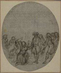 Tutkimus Collein teoksen "La Partie de Chasse de Henri IV" toista, koskaan julkaisematonta painosta varten, III näytös, kohtaus 13. tekijältä Hubert Francois Gravelot