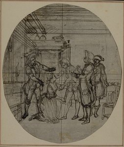 Tutkimus Collein teoksen "La Partie de Chasse de Henri IV" toista, koskaan julkaisematonta painosta varten, III näytös, kohtaus 11. tekijältä Hubert Francois Gravelot