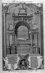 Skottien kuningattaren Marian muistomerkki Westminster Abbeyssa, kuvitus Rapinin Englannin historiasta, kaivertanut John Goldar, 1786