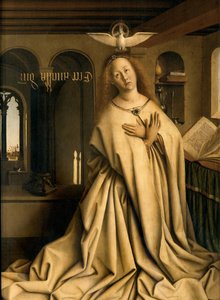 Yksityiskohta Virgin Annunciatesta Gentin alttaritaulun oikeanpuoleisen paneelin ulkopuolelta tekijältä Hubert & Jan van (1390 1441) Eyck