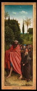 Pyhiinvaeltajat St. Christopherin ohjaamana Gentin alttaritaulun oikealta puolelta tekijältä Hubert & Jan van (1390 1441) Eyck