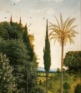 Yksityiskohta Pyhän Christopherin ohjaamasta pyhiinvaeltajasta Gentin alttaritaulun oikealta puolelta tekijältä Hubert & Jan van (1390 1441) Eyck