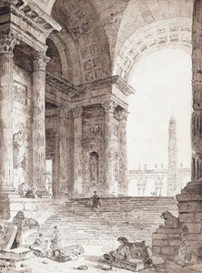 Klassinen roomalainen pelihalli, jossa hahmot etualalla, 1759 tekijältä Hubert Robert