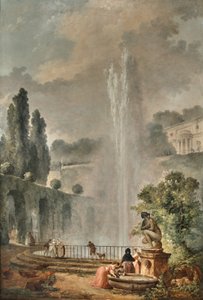 Puutarhamaisema, jossa huvila kohoaa suuren suihkulähteen yllä tekijältä Hubert Robert