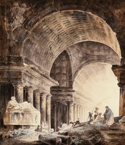 Suuri ristiholvirakennus, jossa naiset ja lapset ja koira rikkoutuneiden pylväiden luona, tekijältä Hubert Robert