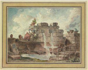 Roomalainen suihkulähde ja vettä noutava nainen tekijältä Hubert Robert