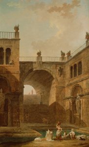 Arkkitehtoninen kohtaus, jossa naiset pesevät vaatteita uima-altaalla tekijältä Hubert Robert