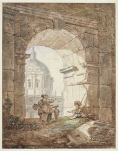Näkymä Pietarinkirkolle Roomassa (arkkitehtoninen capriccio) tekijältä Hubert Robert
