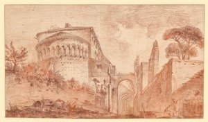 SS. Giovanni e Paolon kirkko Roomassa apsidista nähtynä tekijältä Hubert Robert