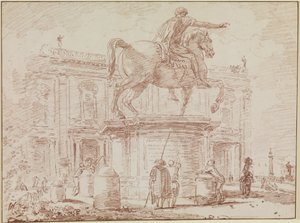 Marcus Aureliuksen ratsastajapatsas ja Konservaattorien palatsi Roomassa tekijältä Hubert Robert