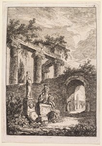 Illat Roomassa: Patsas raunioiden edessä, 1763-1764. tekijältä Hubert Robert