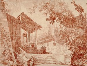 Maatilan piha, kaksi hahmoa kaivolla ja suuret työntökärryt etualalla tekijältä Hubert Robert