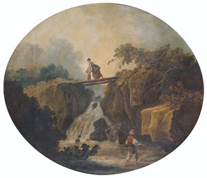 Ranska: Maisema vesiputouksesta ja sillasta tekijältä Hubert Robert