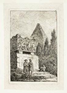 Maisema, jossa on pyramidi ja sarkofagi, kuudes levy teoksesta Les Soirées de Rome. tekijältä Hubert Robert