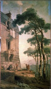 Muusikot. Muusikoista ja karhunkouluttajasta koostuva taiteilijaryhmä etsii keskiluokkaisen talon parvekkeen alla. Hubert Robertin (1733-1808) maalaus, öljy kankaalle, ranskalaista taidetta. Pietarin valtion ulkoilmamuseo Pietarissa tekijältä Hubert Robert