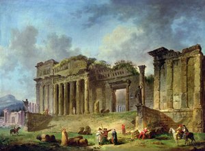 Mies luonnostelee klassisen temppelin raunioita (öljy kankaalle) tekijältä Hubert Robert