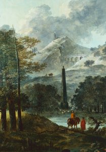 Vuoristoinen maisema obeliskin kanssa (öljy kankaalle) tekijältä Hubert Robert