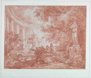 Puisto, jossa on suihkulähde ja patsas tekijältä Hubert Robert