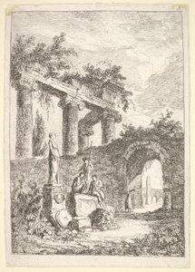Levy 3: Patsas ennen raunioita: patsas vasemmalla kolmen hahmon vieressä p..., n. 1763-64. tekijältä Hubert Robert