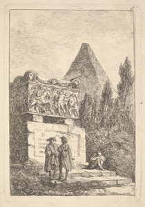 Levy 6: Sarkofagi: kaksi miestä keskustelemassa vasemmalle, toinen mies istuu ja nukkuu..., n. 1763-64. tekijältä Hubert Robert