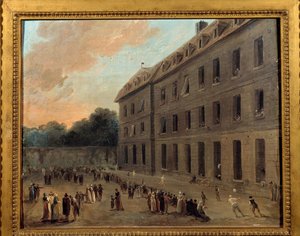 Vankien virkistys Saint Lazaressa: ilmapalloosa Hubert Robertin (1733-1808) maalaus 1794 Su. 0,33x0,41 m Pariisi, Musee Carnavalet tekijältä Hubert Robert