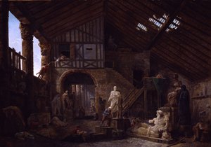 Antiikkiesineiden entisöijän työhuone Roomassa tekijältä Hubert Robert