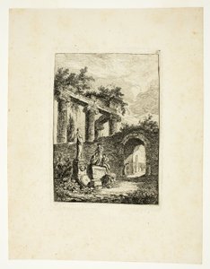 Patsas ennen raunioita, levy kolme teoksesta Les Soirées de Rome. tekijältä Hubert Robert