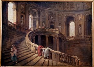 Palazzo Farnese a Caprarolan pyörivät portaat Hubert Robertin (1733-1808) maalaus 1700-luvun su. 0,24x0,33 m tekijältä Hubert Robert