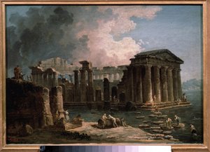 Temppeliä ympäröi vesi. Hubert Robertin (1733-1808) maalaus, öljy kankaalle, noin 1780, ranskalainen taide. Valtion A. Pushkinin kuvataidemuseo, Moskova. tekijältä Hubert Robert