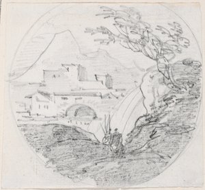 Näkymä harjanteelta kylään ja kaukaiselle vuorelle tekijältä Hubert Robert