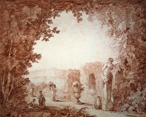 Näkymä puutarhaan patsailla (punainen liitu paperille) tekijältä Hubert Robert