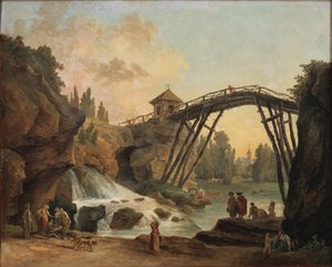 Näkymä luolalle ja rustiikkiselle sillalle Mérévillen maisemapuutarhassa tekijältä Hubert Robert