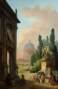 Monte Cavallon jättiläispatsas ja katedraali näkyvät kuvitteellisessa Rooman maisemassa tekijältä Hubert Robert