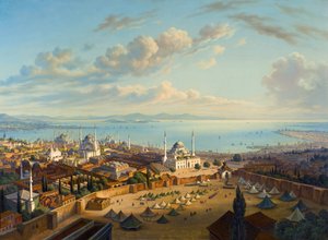 ""Näkymä Konstantinopoliin Seraskerin tornista (Bayezid tai Seraskier)"" (Konstantinopoli Beyazitin palotornista) Hubert Sattlerin (1817-1904) maalaus Öljy kankaalle, 74x101,5 - Yksityiskokoelma