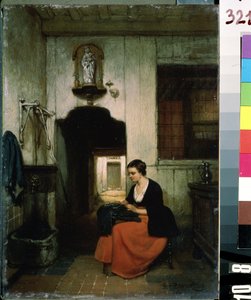 ""La brodeuse"" (kirjonta) Nuori nainen tekee ompelutyötä belgialaisessa sisustuksessa. Hubertus van Hoven (1814-1865) maalaus 1860 Mihail Kroshitskyn taidemuseo, Sevastopol (Sevastopol) Ukraina