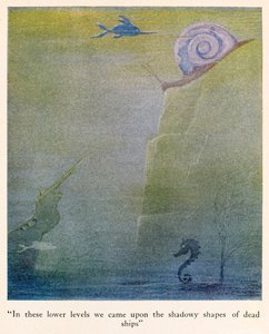 "Näillä alemmilla tasoilla törmäsimme kuolleiden laivojen varjoisiin muotoihin" -kuva teoksesta The Voyages of Doctor Dolittle tekijältä Hugh Lofting