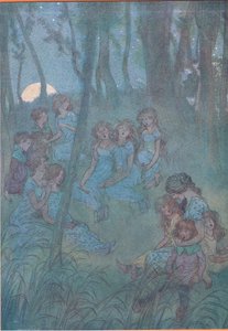 Ja iltaiset niittykeijut, katsokaa laulakaa, kuvitus Windsorin iloisista vaimoista, 1910 tekijältä Hugh Thomson