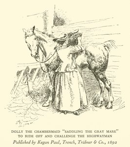 Dolly the Chambermaid "Saddling the Grey Mare", ratsastaa ja haastaa valtatiemiehen (kaiverrus) tekijältä Hugh Thomson