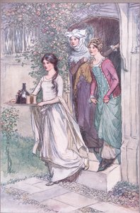 "Enter Anne Page with wine, Mistress Ford and Mistress Page seuraavat", kuvitus teoksesta "The Merry Wives of Windsor" tekijältä Hugh Thomson