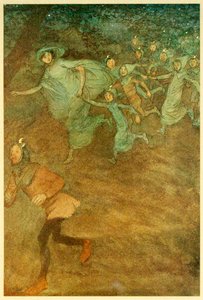 Sir Hugh Evans, Anne Page ja muut elokuvasta The Merry Wives of Windsor, 1910.