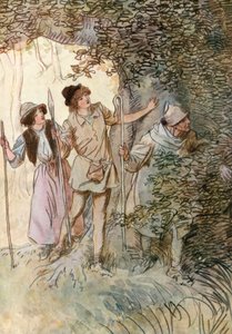 Kuvitus Shakespearen Kuten haluat (väri litho) tekijältä Hugh Thomson