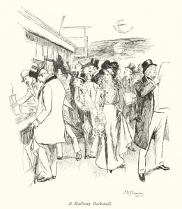 Lontoo: A Railway Bookstall (värilitografia). tekijältä Hugh Thomson