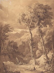 Vuoristoinen maisema matkailijoiden puolueen kanssa Pellen Achaia-joella, 1818-29.