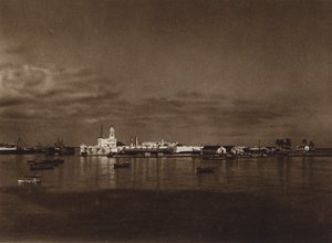 Meksiko: panoraama Vera Cruzin satamasta ja San Juanin linnasta (s/w-kuva). tekijältä Hugo Brehme