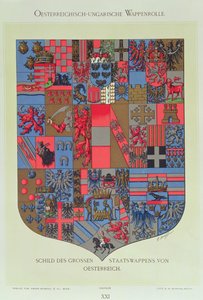 01315 Itävalta-Unkarin valtakunnan vaakuna, jossa näkyvät Itävallan keisarillisen hovin haarniskalaakerit R. M. Rohrerin kaiverruksella (värillinen litho) tekijältä Hugo Gerard Strohl
