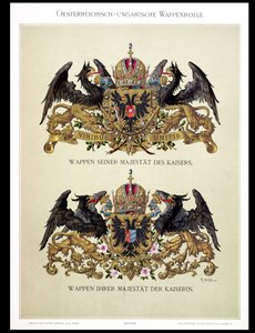 Kilpi, jossa keisari Frans Joseph I:n (1830-1916) ja keisarinna Elisabetin (1837-98) vaakuna taiteilijan Heraldischer Atlasista, 1899 tekijältä Hugo Gerard Strohl