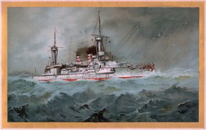TEKSTIVIESTI. Linienschiff Brandenburg (vaakuna punainen kotka valkoisella kilvellä, S.M.S. Wörth = musta keisarikotka kultaisella kilvellä)
