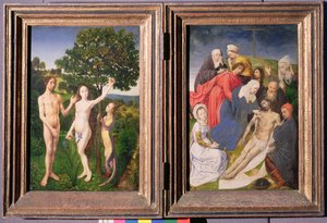 Diptyykki: Ihmisen lankeemus (Aatami ja Eeva, käärme ja omena) ja Jeesuksen laskeutuminen ristiltä (vuoden 1479 jälkeen).